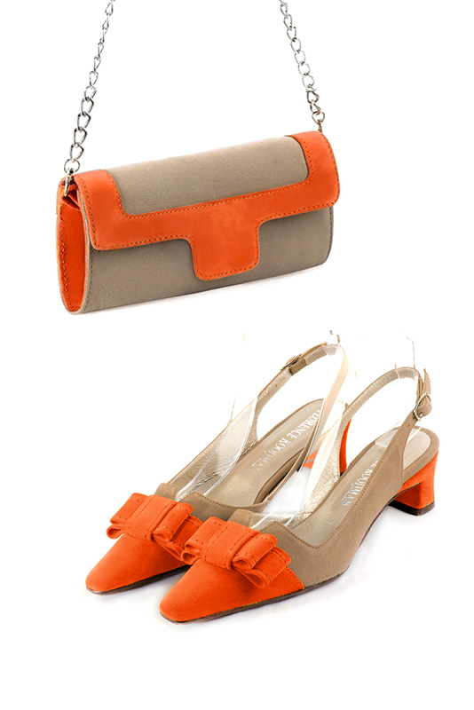 Women's tan beige and clementine orange luxurious elegant clutch for ceremonies, weddings and evenings out. - Worn view
